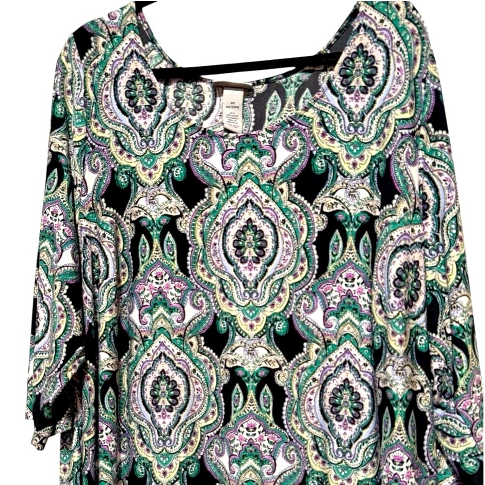 Catherines Womens 2X Long Sleeve Paisley Shift Dress Green Purple Liquid Knit - Picture 3 of 8